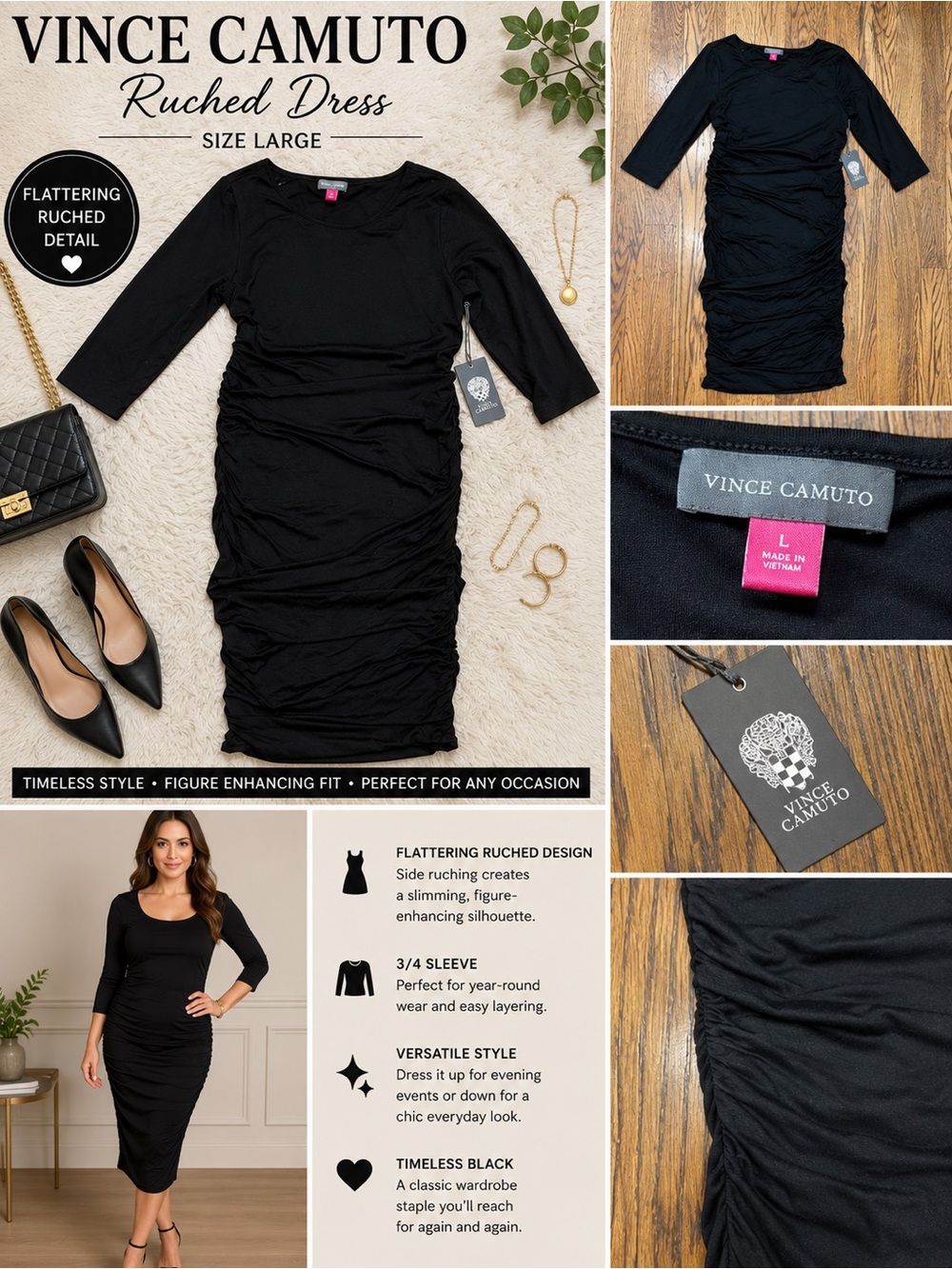Vince Camuto Black Ruched Bodycon Midi Dress Size Large